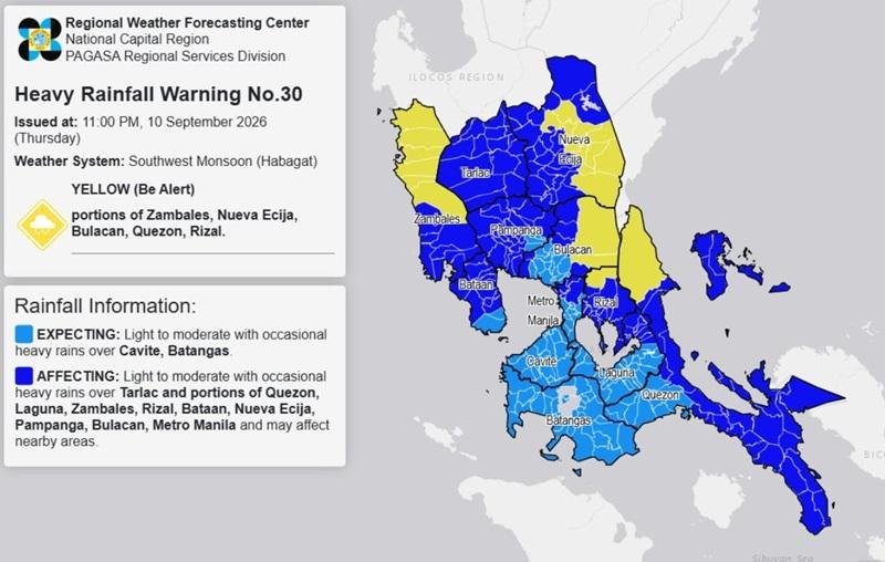 RAINFALL ALERT: Yellow in Zambales, 3 other areas (Thursday, 11 p.m.) 