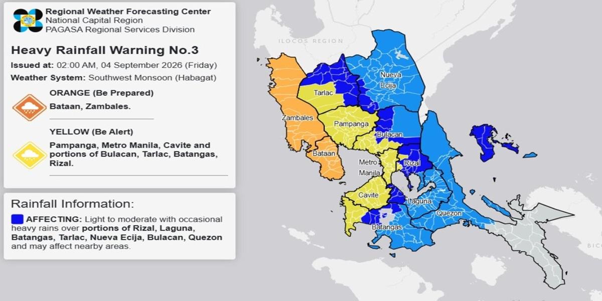 RAINFALL ALERT: Orange in Bataan, Zambales; Yellow in Pampanga, Metro Manila (Friday, 2 a.m.) 