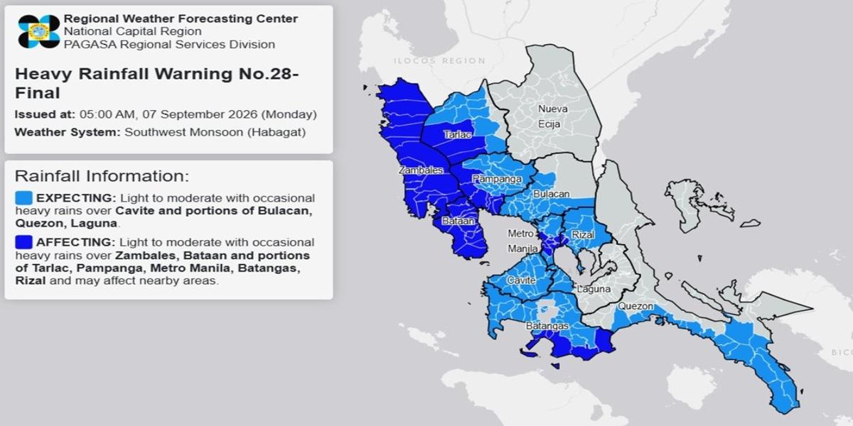 RAINFALL ALERT: Rainfall warning over Zambales lifted (Monday, 5 a.m.)