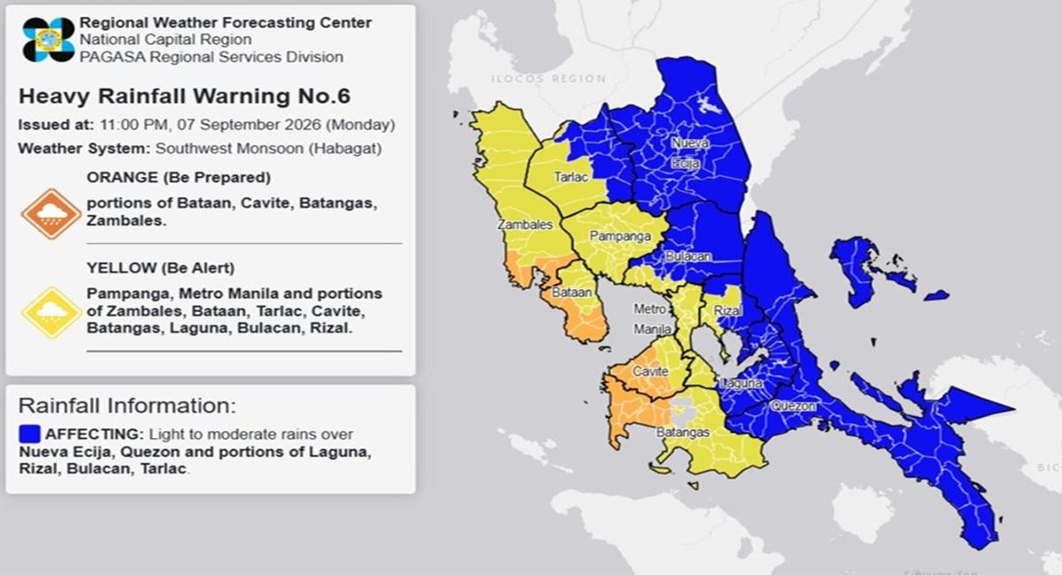 RAINFALL ALERT: Orange in parts of Bataan, 3 other areas; Yellow in Metro Manila, Pampanga, 6 other areas (Monday, 11 p.m.)