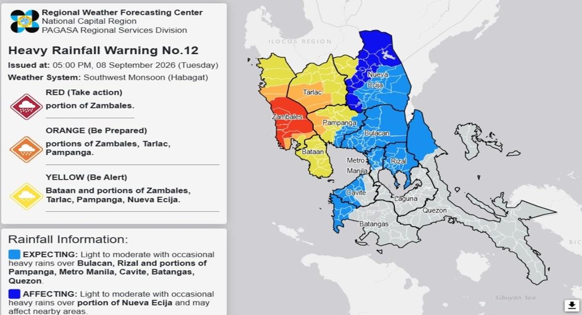 RAINFALL ALERT: Red in parts of Zambales, Orange in Pampanga, Tarlac (Tuesday, 5 p.m.)