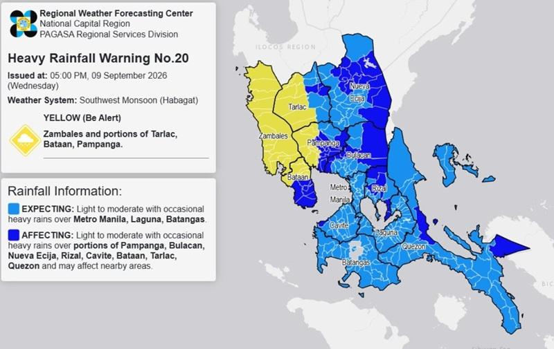 RAINFALL ALERT: Yellow in Zambales, 3 areas (Wednesday, 5 p.m.)