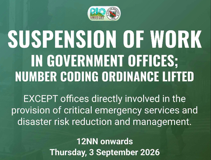 Baguio suspends gov’t work, lifts number coding on Sep. 3, 3026 amid Habagat