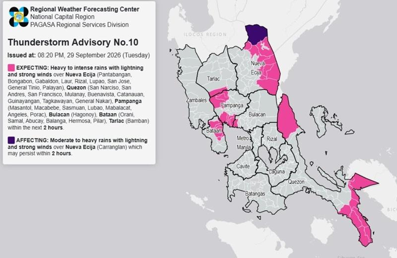 THUNDERSTORM ADVISORY: Heavy to intense rains over Bataan, 5 other areas (Tuesday, 8:20 p.m.)