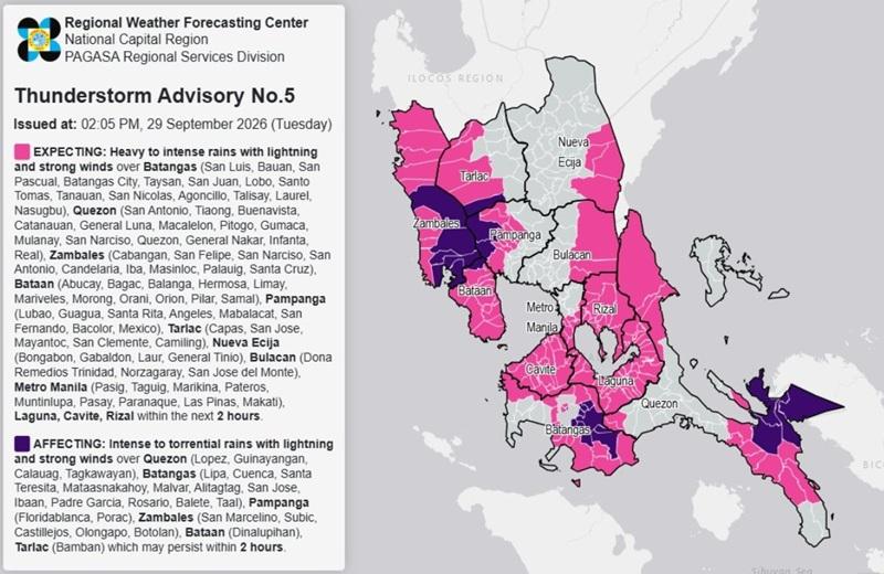 THUNDERSTORM ADVISORY: Heavy to intense rains over Metro Manila, 11 other areas (Tuesday, 2:05 p.m.)
