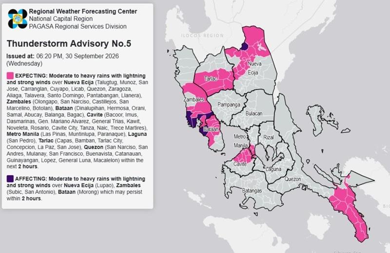 THUNDERSTORM ADVISORY: Moderate to heavy rains over Metro Manila, 7 other areas (Wednesday, 6:20p.m.)