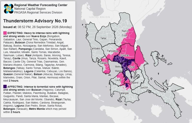 THUNDERSTORM ADVISORY: Heavy to intense rains over Bataan, 6 other areas (Monday, 8:52 p.m.)