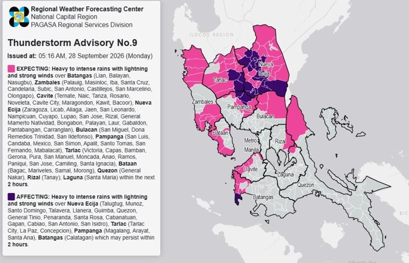 THUNDERSTORM ADVISORY: Heavy to intense rains over parts of Bataan, 10 other areas (Monday, 5:16 a.m.) - GMA Network