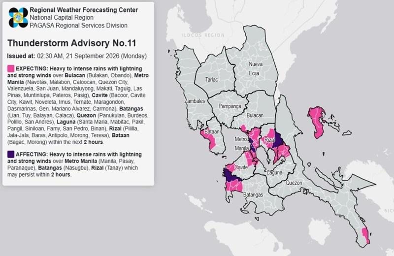 THUNDERSTORM ADVISORY: Heavy to intense rains over parts of Metro Manila, 7 other areas (Monday, 2:30 a.m.) - GMA Network