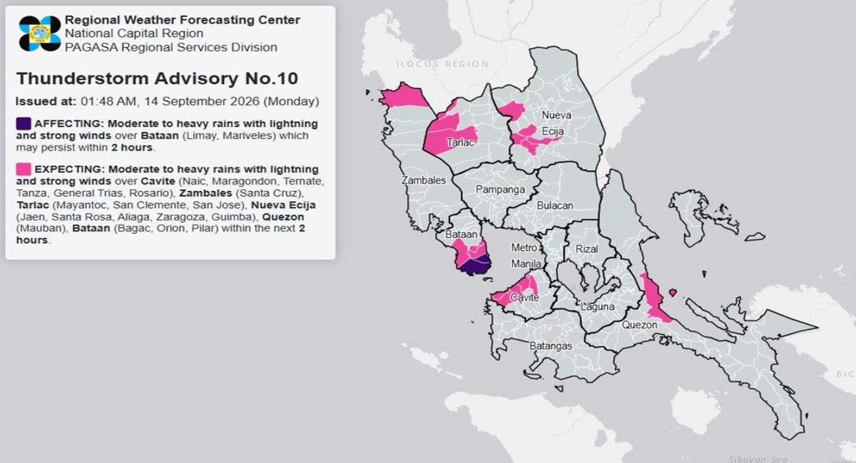 THUNDERSTORM ADVISORY: Moderate to heavy rains over parts of Bataan, Cavite, 4 other areas (Monday, 1:48a.m.) - GMA Network