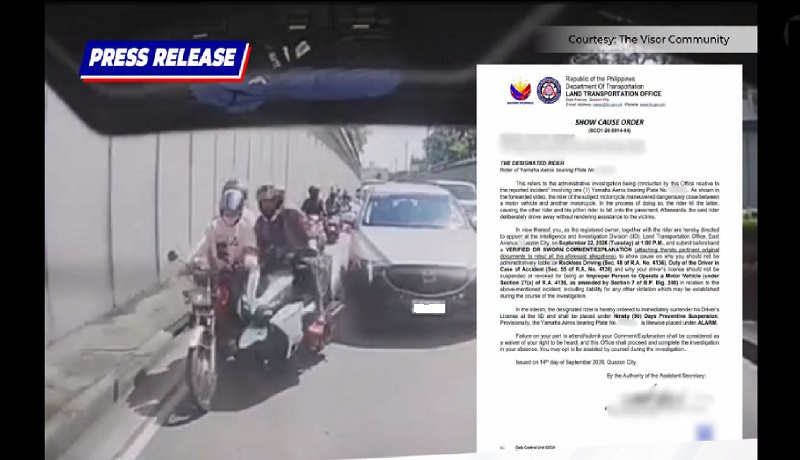 Nag-viral na rider na ‘di hinintuan ang nasaging kotse at isa pang rider, inisyuhan ng SCO ng LTO