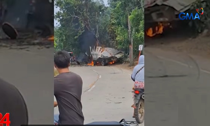 Cargo van, nagliyab matapos na bumangga sa puno; 1 patay, 2 kritikal