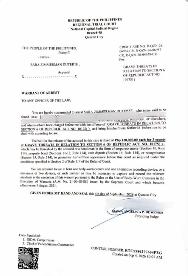 LOOK: QC RTC warrant of arrest for VP Sara Duterte 