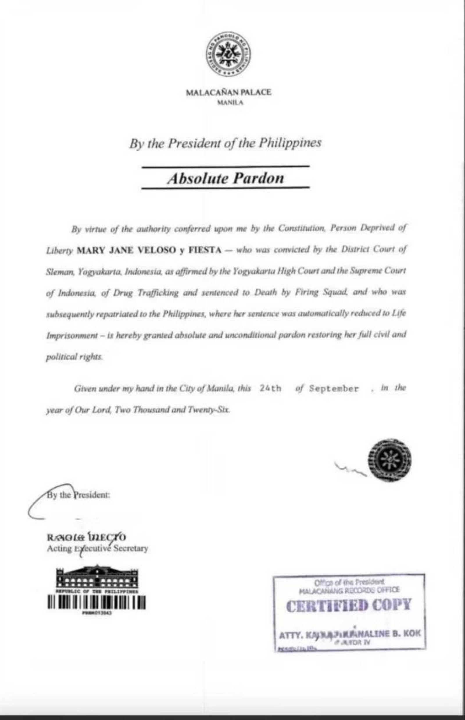 LOOK: Absolute pardon for Mary Jane Veloso signed by Marcos