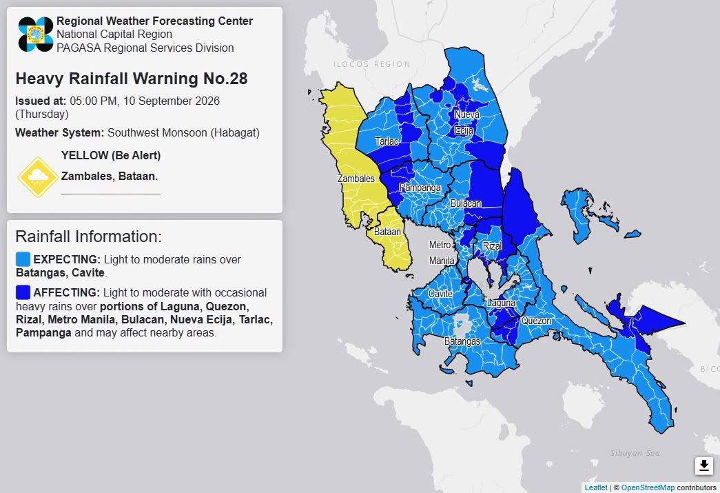 RAINFALL ALERT: Yellow in Zambales, Bataan (Thursday, 5 p.m.) 