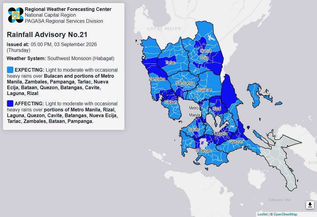 RAINFALL ALERT: Occasional heavy rains expected over Bulacan (Thursday, 5 p.m.)