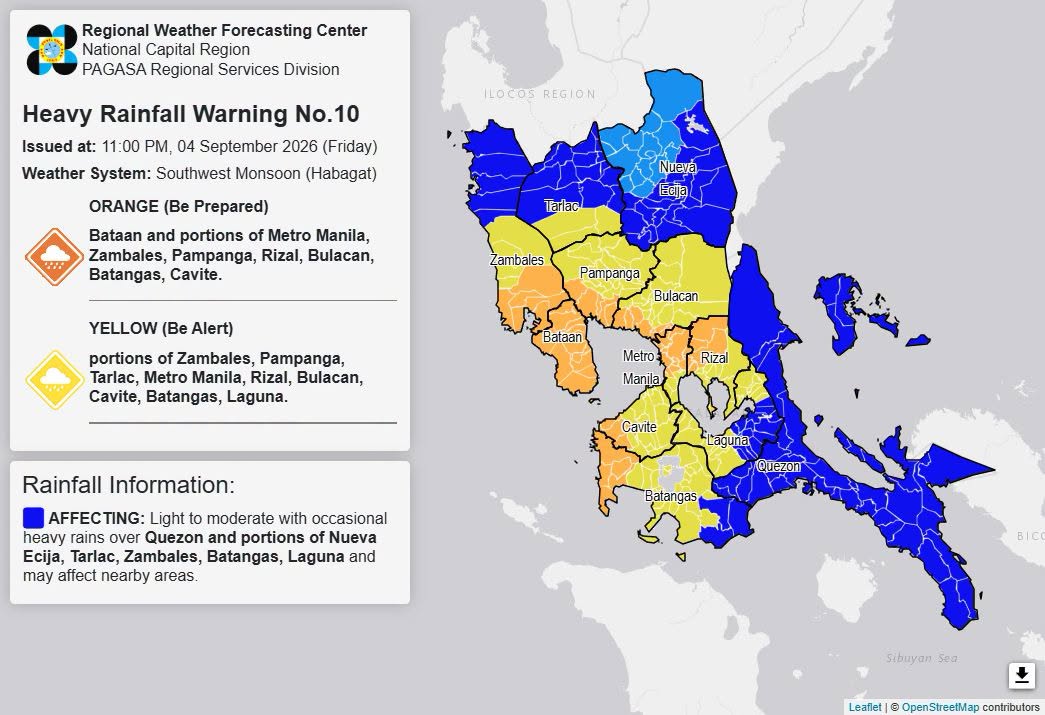 RAINFALL ALERT: Orange in Bataan, parts of Metro Manila, 6 areas (Friday, 11 p.m.)