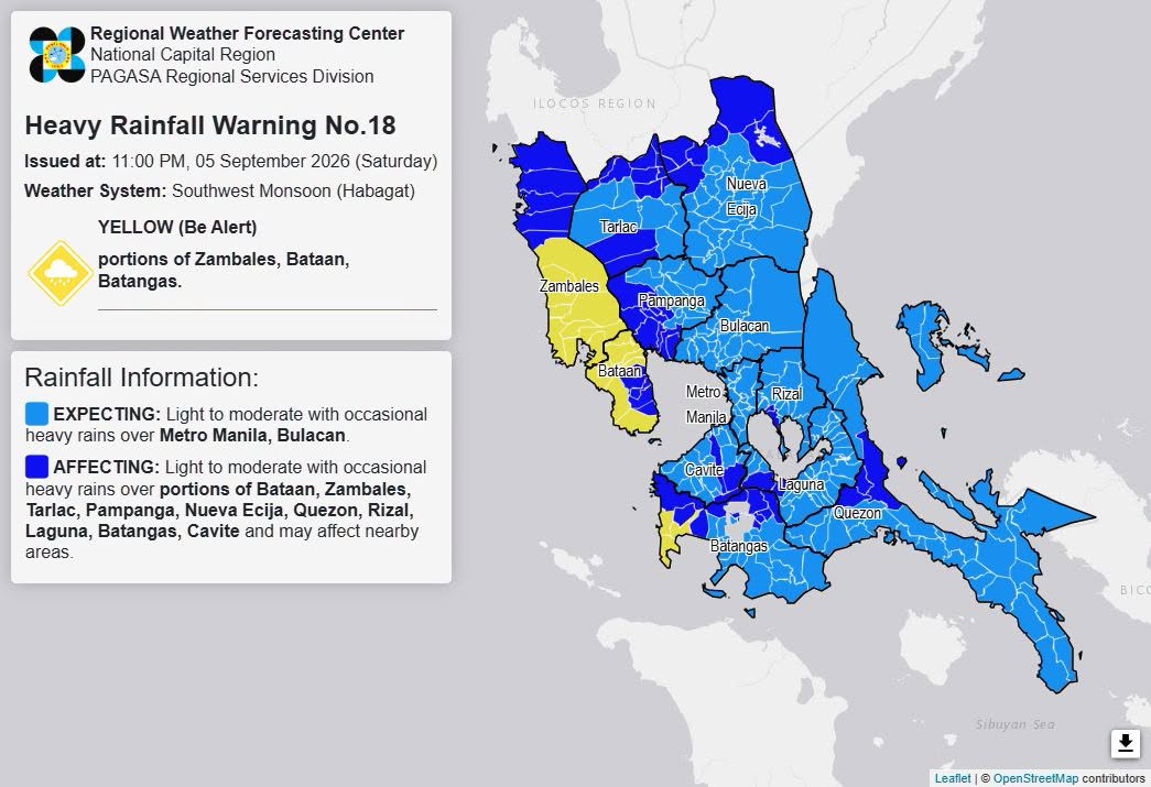 RAINFALL ALERT: Yellow in portions of Zambales, Bataan, Batangas (Saturday, 11 p.m.)