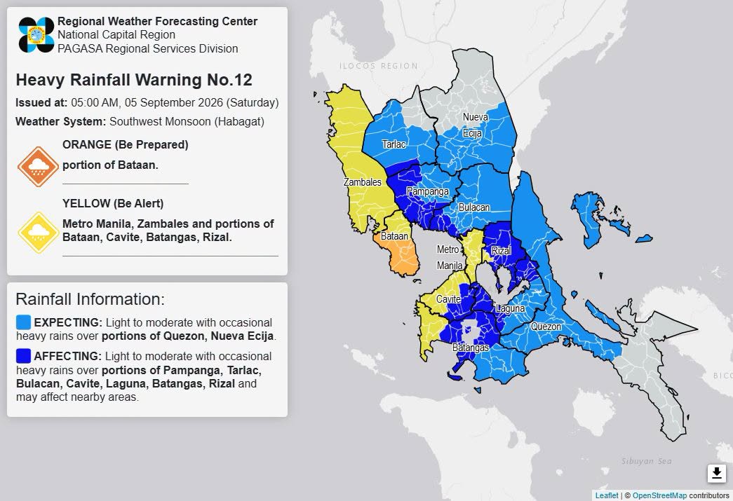 RAINFALL ALERT: Orange in parts of Bataan; Yellow in Metro Manila, 5 areas (Saturday, 5 a.m.)