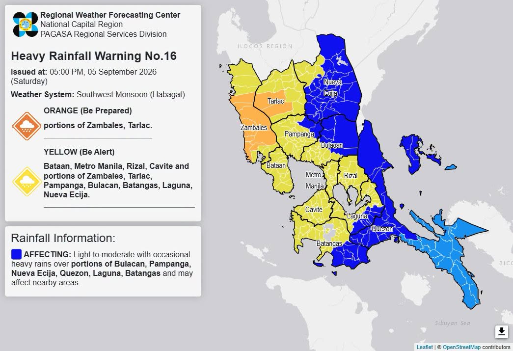 RAINFALL ALERT: Orange in portions of Zambales, Tarlac; Yellow in Metro Manila, 10 areas (Saturday, 5 p.m.)