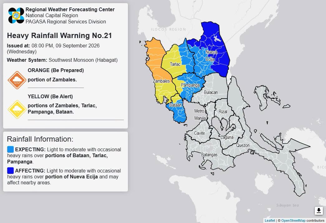 RAINFALL ALERT: Orange in parts of Zambales (Wednesday, 8 p.m.)