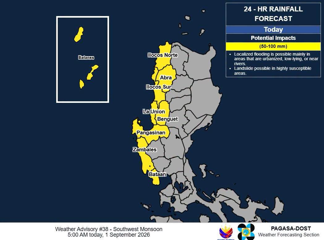 Heavy rainfall outlook due to the Southwest Monsoon, Sept. 1, 2026.