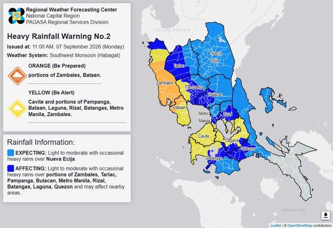 RAINFALL ALERT: Orange in parts of Zambales, Bataan; Yellow in Metro Manila, 7 areas (Sept. 7, 11 a.m.)
