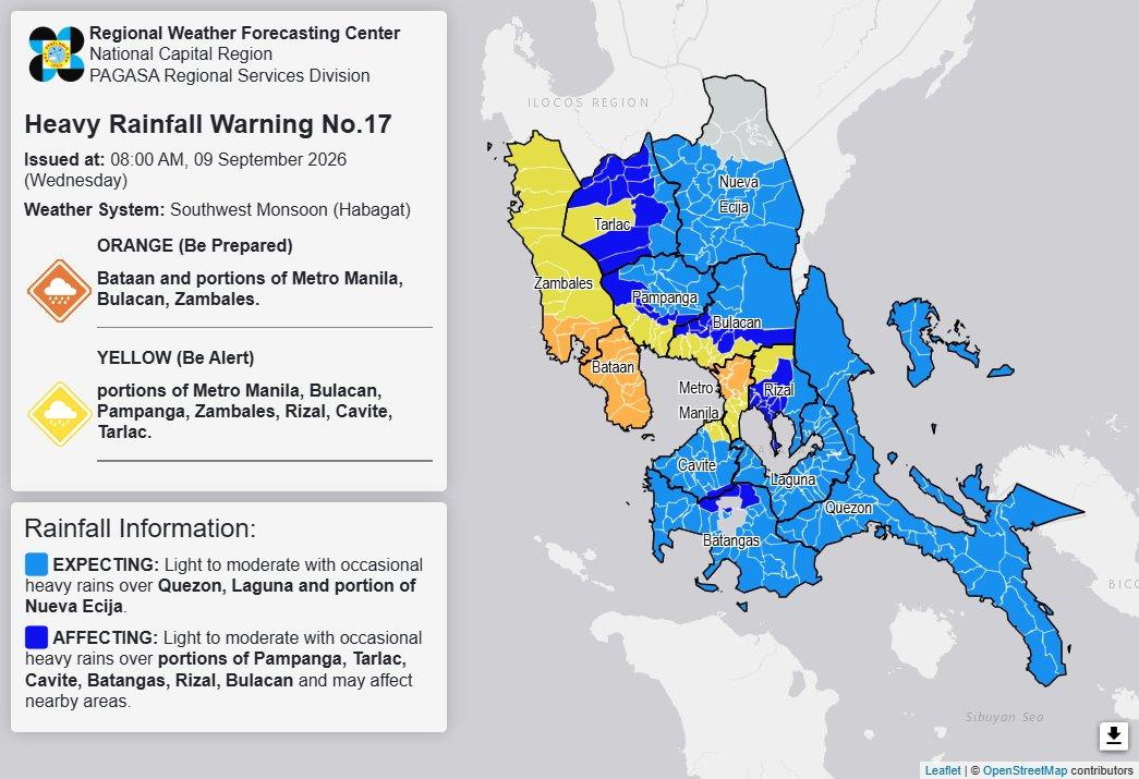 Heavy rainfall warning, Sept. 9, 2026, 8AM
