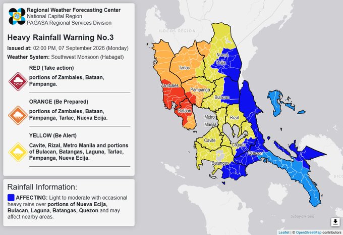 RAINFALL ALERT: Red in parts of Zambales, Bataan, Pampanga (Monday, 2 p.m.)