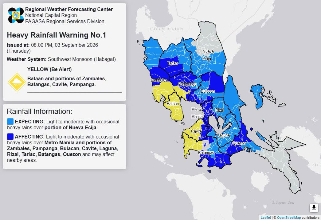 RAINFALL ALERT: Yellow in Bataan, parts of Zambales, Batangas, Cavite, Pampanga (Thursday, 8 p.m.)