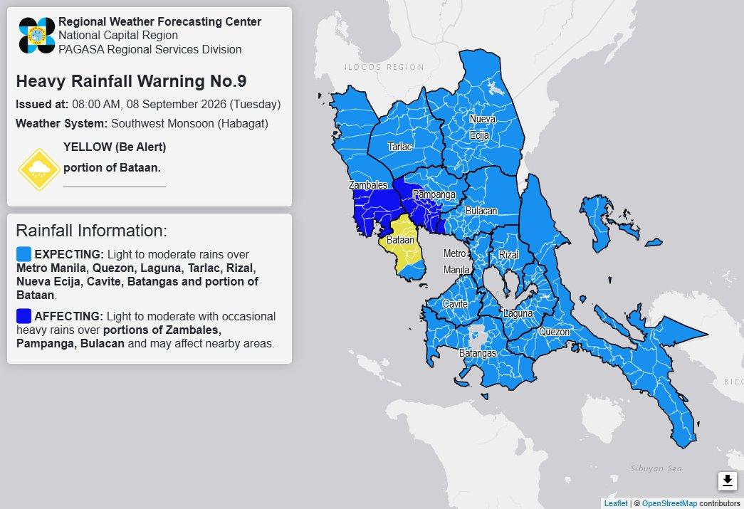 Heavy rainfall warning, Sept. 8, 2026, 8AM 