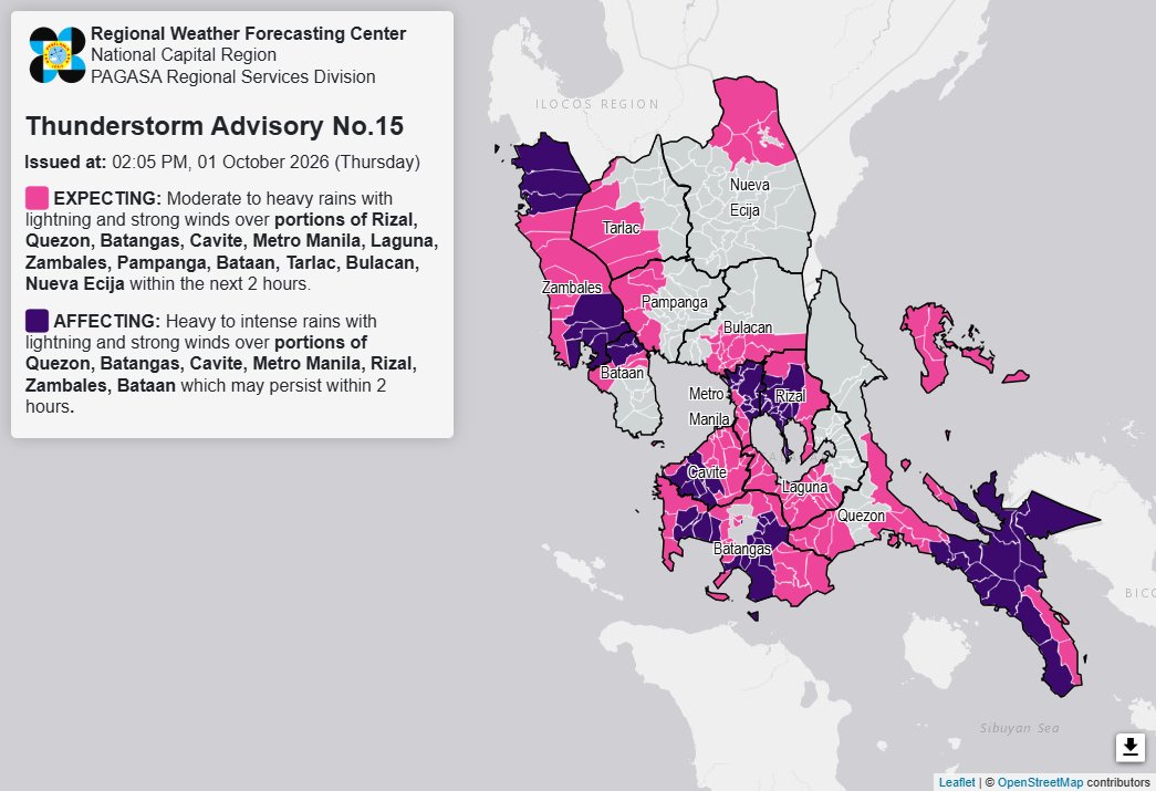THUNDERSTORM ADVISORY: Moderate to heavy rains over Metro Manila, 10 areas (Thursday, 2:05 p.m.)