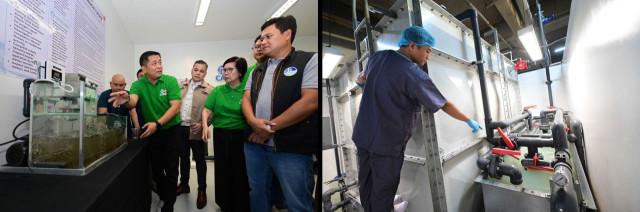 (L-R: Engr. Alford Ronduen, Operations Head of SM Engineering Design and Development Corp. (SM EDD) walks VIP guests through a tour of the facility; A facility operator shows one of the treatment tanks)