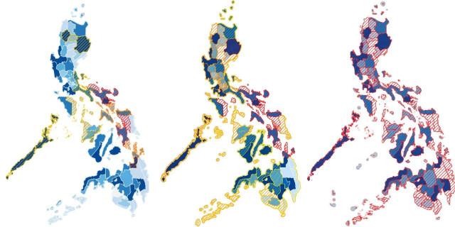 L-R: PAGASA's drought forecast (represented by red) for October 2026, December 2026, and March 2027; vs. 2027 NEP DPWH data for water infrastructure projects (the deeper shade of blue, the higher the budget).