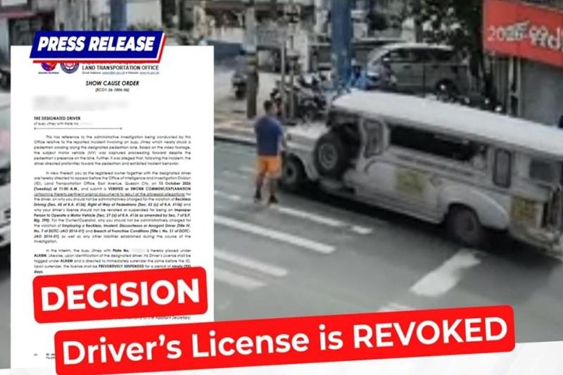 2-year license revocation vs jeepney driver due to pedestrian lane incident, says LTO