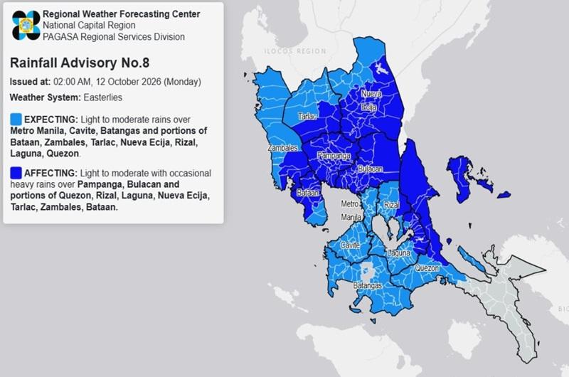 RAINFALL ADVISORY: Light to moderate rains over Metro Manila, Cavite, Batangas (Monday, 2 a.m.)