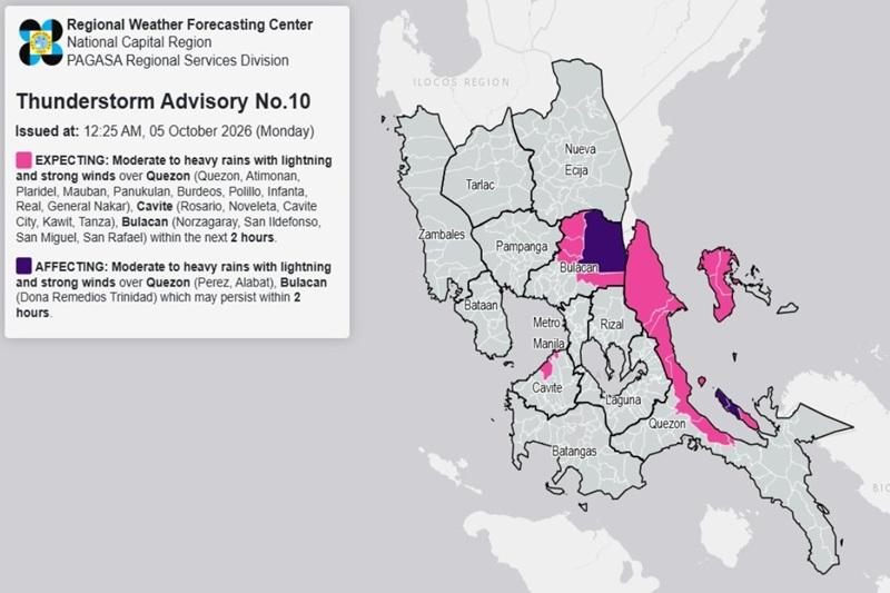 THUNDERSTORM ADVISORY: Moderate to heavy rains over parts of Bulacan, Cavite, Quezon (Monday, 12:25 a.m.)