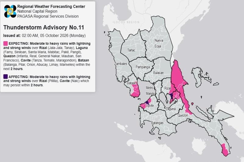 THUNDERSTORM ADVISORY: Moderate to heavy rains over parts of Bataan, 4 other areas (Monday, 2 a.m.)