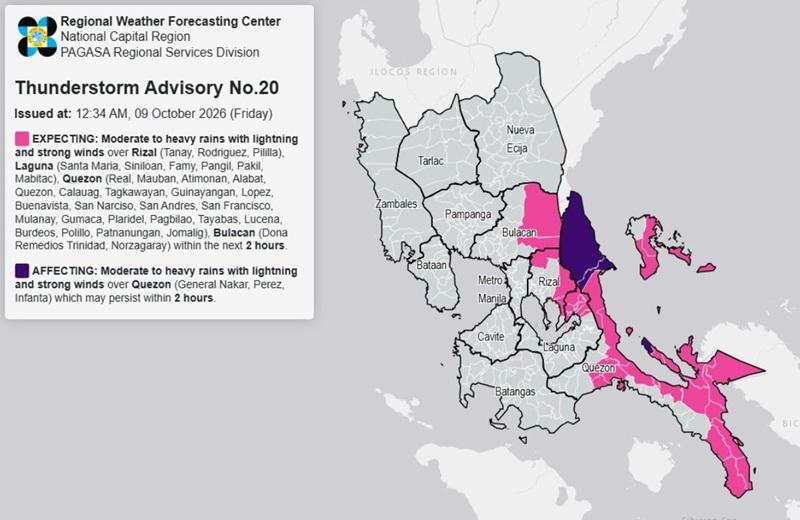 THUNDERSTORM ADVISORY: Moderate to heavy rains over parts of Bulacan, 3 other areas (Friday, 12:34 a.m.)