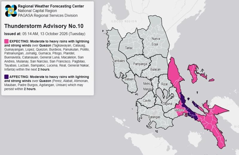 THUNDERSTORM ADVISORY: Moderate to heavy rains over parts of Quezon province (Tuesday, 5:14 a.m.)
