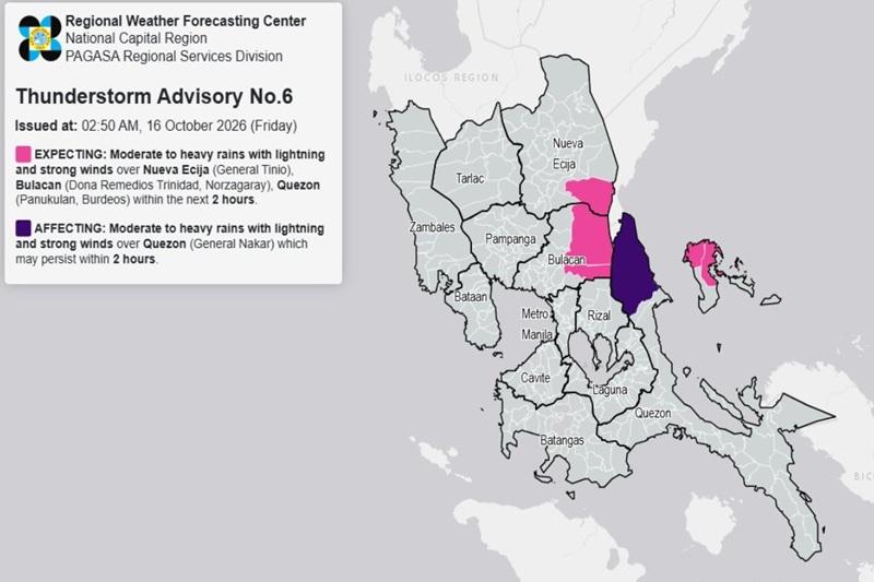 THUNDERSTORM ADVISORY: Moderate to heavy rains over parts of Bulacan, 2 other areas (Friday, 2:50a.m.)