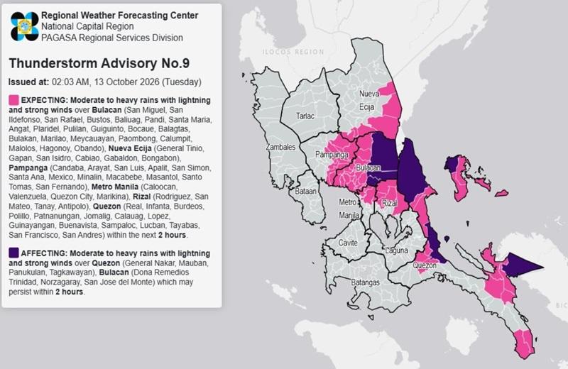 THUNDERSTORM ADVISORY: Moderate to heavy rains over parts of Metro Manila, 5 other areas (Tuesday, 2:03 a.m.)